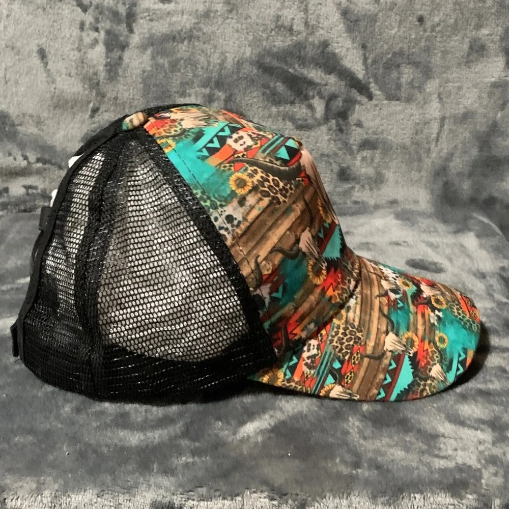 Womens Western Bull Skull Sunflower Ponytail Trucker Hat Mesh Back Cap Multi